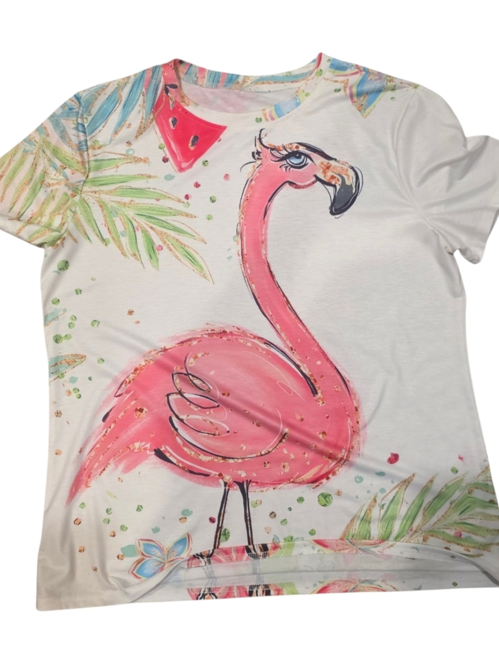 Women's White Flamingo Graphic Shirt - Pink Tropical Print XL NWOT
